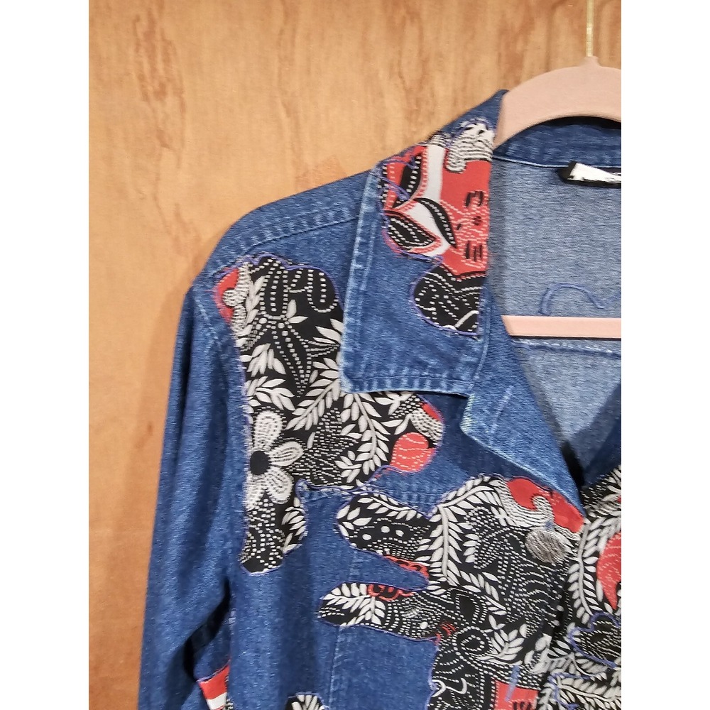New Direction Women's Embroidered Floral Button Front Long Sleeve Denim Shirt - Picture 6 of 14
